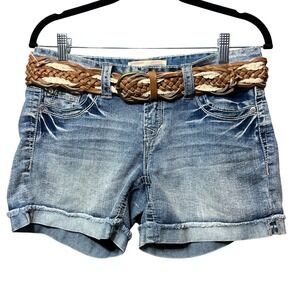 No Boundaries Denim Shorts‎ Cuffed Hem Braided Belt Blue Wash Size 9